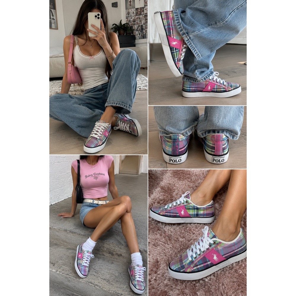 Polo Ralph Lauren Plaid Canvas Sneakers Pink Pony Low Top Lace Up Shoes Size 5